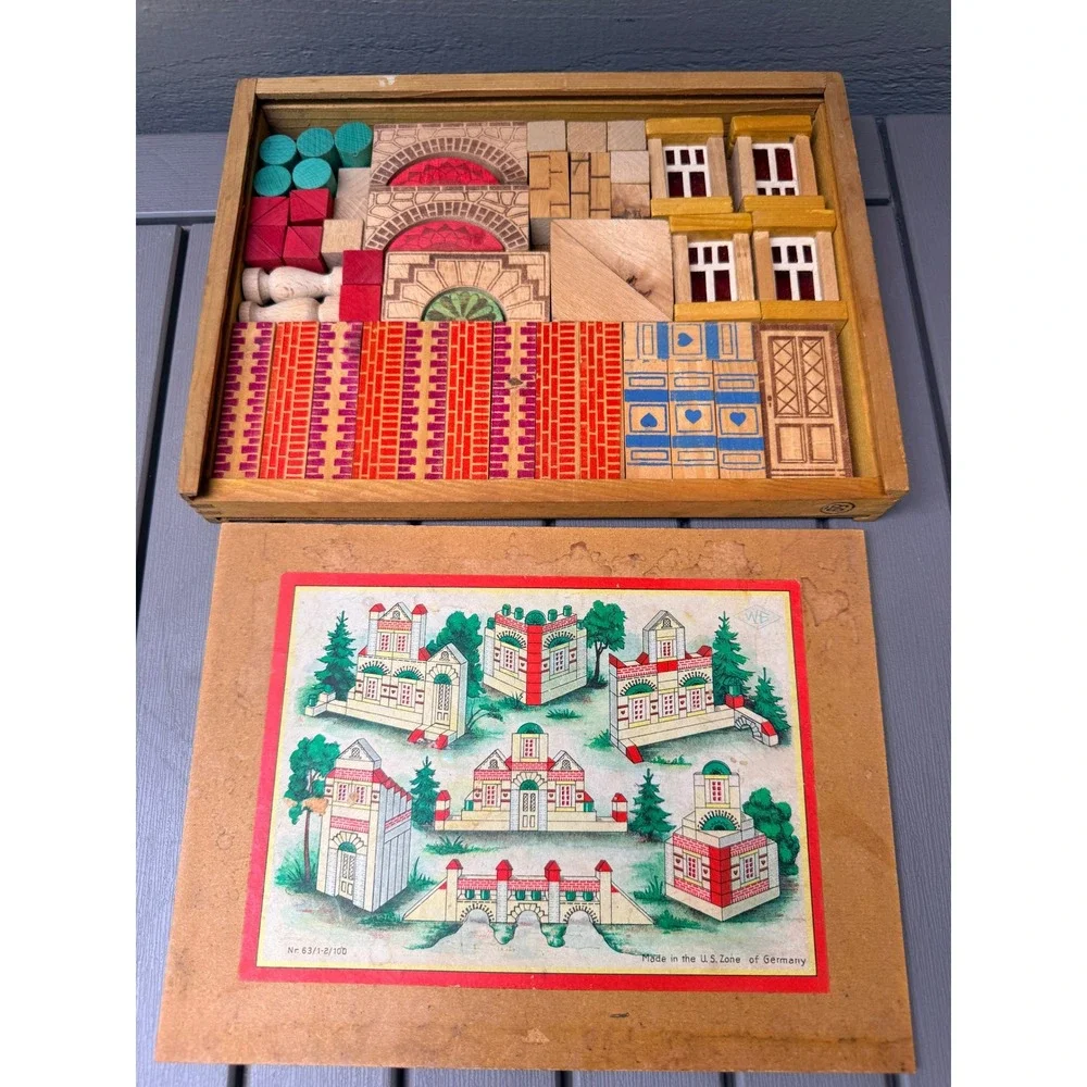Vintage Wooden Building Blocks Set US Zone Germany Architectural Toy 63/1-2/100